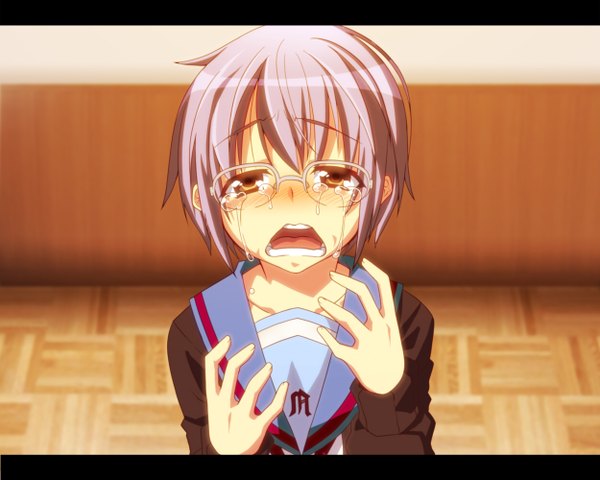 Anime picture 1250x1000 with suzumiya haruhi no yuutsu kyoto animation nagato yuki crying girl glasses serafuku
