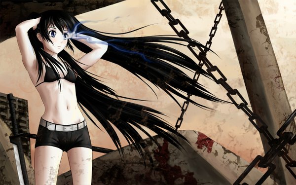 Anime picture 1280x800 with black rock shooter black rock shooter (character) long hair blue eyes black hair wide image twintails midriff glowing arms behind head glowing eye (eyes) ruins girl navel weapon sword shorts katana chain bikini top