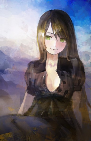 Anime picture 1234x1920 with original arata yokoyama single long hair tall image fringe smile brown hair sitting green eyes looking away sky cleavage outdoors light smile blurry puffy sleeves mountain girl dress