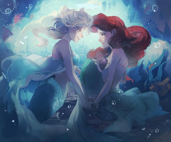 Anime picture 1024x850 with frozen (disney) the little mermaid disney elsa (frozen) ariel panbukin long hair light erotic blonde hair smile bare shoulders multiple girls green eyes bent knee (knees) red hair braid (braids) profile aqua eyes blurry teeth