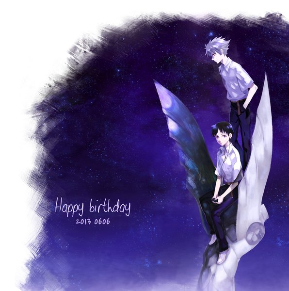 Anime picture 1800x1814 with neon genesis evangelion gainax ikari shinji nagisa kaworu astarone tall image highres short hair blue eyes black hair red eyes sky silver hair profile inscription multiple boys happy birthday boy belt headphones