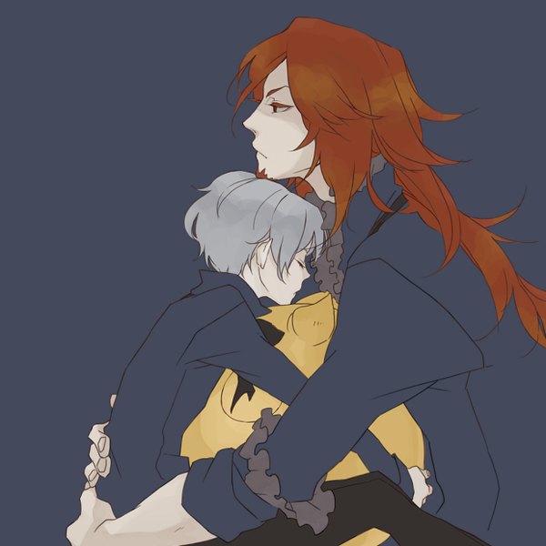 Anime picture 1240x1240 with d.gray-man allen walker timcanpy cross marian tagme (artist) long hair short hair red eyes brown hair sitting holding brown eyes silver hair red hair eyes closed profile grey hair multiple boys hug dark background