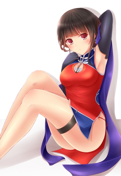 Anime picture 2031x2952 with warship girls r yat sen (warship girls r) zhou yu (ppaaqz1995) single tall image looking at viewer blush highres short hair light erotic black hair red eyes white background sitting traditional clothes chinese clothes girl gloves black gloves elbow gloves