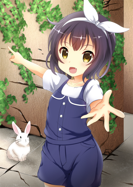 Anime picture 596x834 with gochuumon wa usagi desu ka? white fox jouga maya nomikata single tall image looking at viewer blush fringe short hair open mouth black hair yellow eyes outdoors from above teeth short sleeves fang (fangs) spread arms outstretched hand