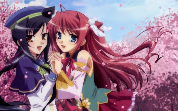 Anime picture 2560x1600 with koihime musou doga kobo kanu ryuubi ooshima miwa long hair highres open mouth blue eyes black hair wide image bare shoulders multiple girls yellow eyes ahoge red hair cherry blossoms holding hands girl 2 girls
