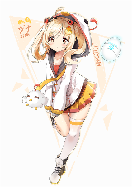 Anime picture 1442x2039 with original jina asahi kuroi single long hair tall image looking at viewer blush blonde hair standing white background twintails yellow eyes full body ahoge bent knee (knees) parted lips pleated skirt :o character names