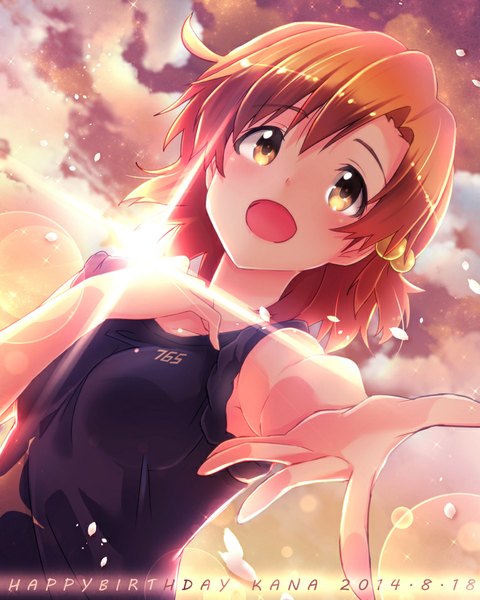 Anime picture 765x956 with idolmaster idolmaster million live! yabuki kana ima (lm ew) single tall image blush short hair open mouth yellow eyes sky cloud (clouds) sunlight orange hair character names outstretched arm dated sunbeam happy birthday girl