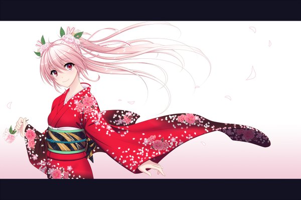 Anime picture 1720x1143 with vocaloid hatsune miku sakura miku oshou (artist) single long hair looking at viewer highres red eyes twintails pink hair traditional clothes japanese clothes girl flower (flowers) petals kimono obi