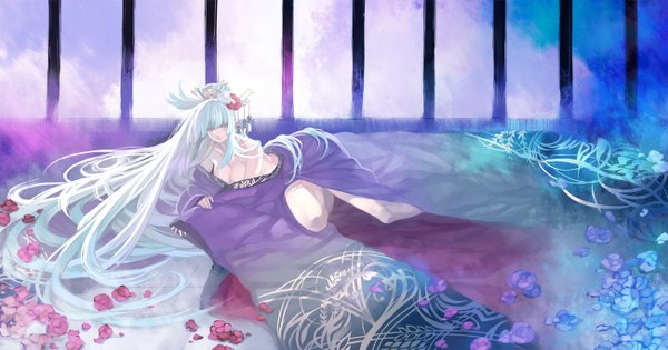 Anime picture 1300x684 with original yukiya single smile wide image white hair lying very long hair japanese clothes pink eyes hair flower girl hair ornament flower (flowers) petals kimono