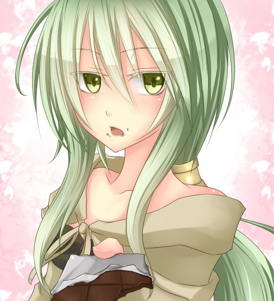 Anime picture 1090x1200 with yu-gi-oh! caam serenity of gusto shintani tsushiya single long hair tall image looking at viewer open mouth green eyes green hair girl food sweets chocolate