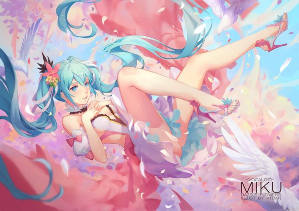 Anime picture 1440x1018 with vocaloid hatsune miku atdan single looking at viewer blush light erotic twintails very long hair hair flower aqua eyes aqua hair bare legs girl dress flower (flowers) ribbon (ribbons) hair ribbon petals wings