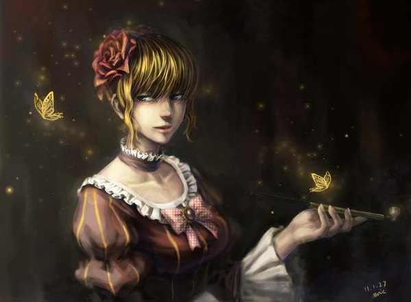 Anime picture 1100x810 with umineko no naku koro ni beatrice moie (artist) single blue eyes blonde hair hair flower girl dress hair ornament insect butterfly collar pipe kiseru