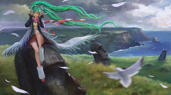 Anime picture 1416x792 with vocaloid hatsune miku teddy yang single wide image sitting twintails full body eyes closed very long hair green hair wind open clothes open jacket girl skirt miniskirt animal headphones scarf