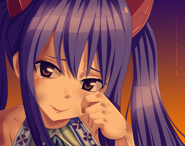 Anime picture 3800x3000 with fairy tail wendy marvell ifeergirl single long hair highres twintails brown eyes absurdres purple hair light smile lips gradient background coloring close-up face purple background orange background girl