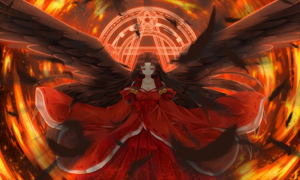Anime picture 1200x720 with aru gunsou long hair black hair red eyes wide image magic girl dress wings bell feather (feathers) fire magic circle