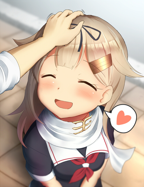 Anime picture 650x841 with kantai collection yuudachi destroyer admiral (kantai collection) maku ro long hair tall image blush open mouth smile eyes closed blurry depth of field solo focus ^ ^ ^o^ hand on another's head remodel (kantai collection) girl ribbon (ribbons) hair ribbon