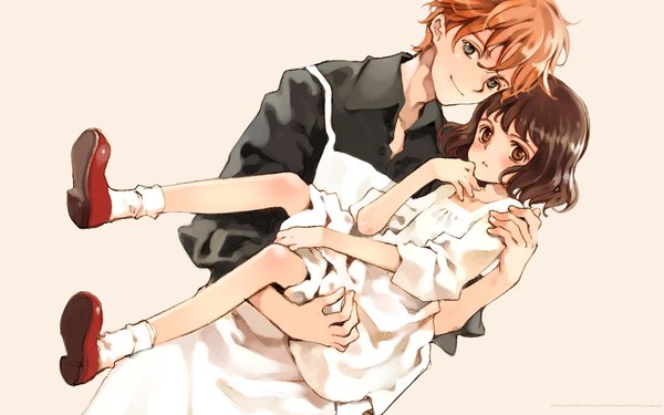 Anime picture 1920x1200 with quartett! littlewitch phill junhers lina junhers oyari ashito highres short hair simple background smile brown hair wide image brown eyes orange hair grey eyes pink background carrying princess carry girl dress boy