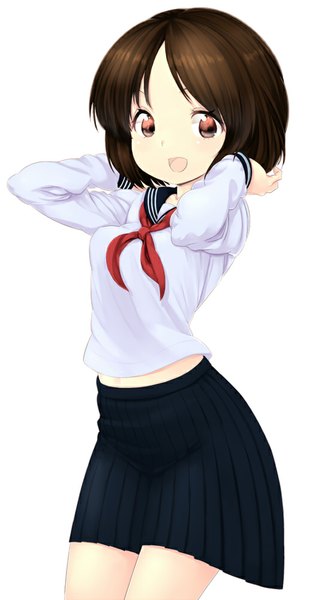 Anime picture 532x1000 with original zizi (zz22) single tall image looking at viewer short hair open mouth simple background smile brown hair standing white background brown eyes pleated skirt girl skirt uniform school uniform