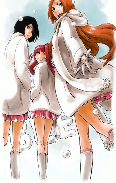 Anime picture 814x1280 with bleach studio pierrot kuchiki rukia inoue orihime dokugamine riruka amutemaiden long hair tall image looking at viewer short hair open mouth black hair simple background red eyes brown hair twintails multiple girls holding brown eyes bent knee (knees)