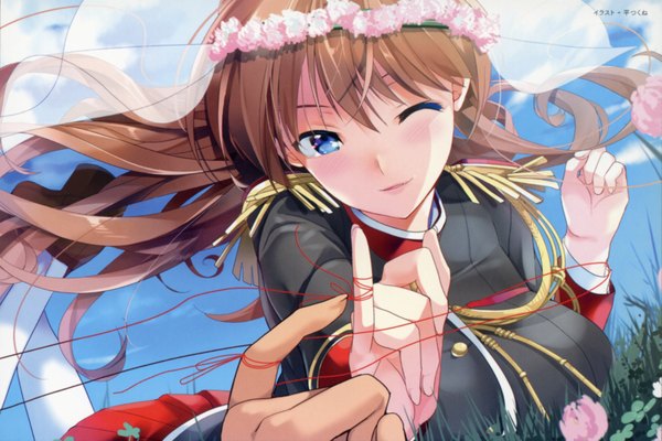 Anime picture 3518x2350 with walkure romanze noel marres ascot taira tsukune long hair blush fringe highres breasts blue eyes smile brown hair large breasts absurdres sky cloud (clouds) pleated skirt one eye closed hair flower wind wink