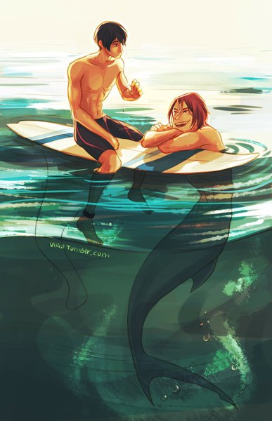 Anime picture 1216x1884 with free! kyoto animation matsuoka rin nanase haruka (free!) viria13 tall image short hair black hair red eyes brown hair multiple boys wet couple crossed arms surfing boy water sea 2 boys mermaid