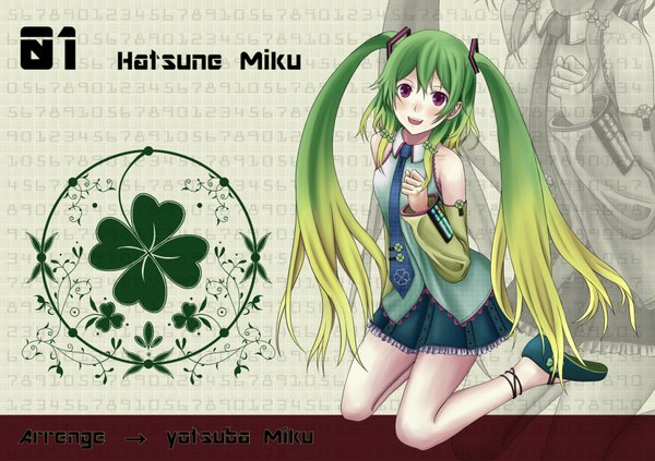 Anime picture 1684x1190 with vocaloid hatsune miku blush red eyes twintails very long hair green hair kneeling girl skirt detached sleeves miniskirt necktie