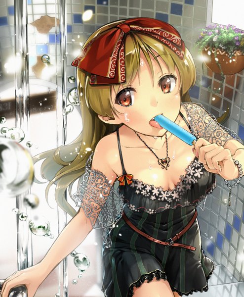 Anime picture 1127x1368 with original pyz (cath x tech) single long hair tall image looking at viewer blonde hair red eyes girl dress flower (flowers) bow hair bow food sweets pendant bubble (bubbles) ice cream