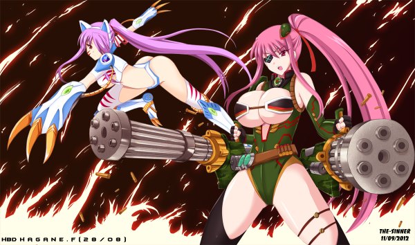 Anime picture 1200x708 with the-sinner long hair fringe breasts open mouth light erotic red eyes wide image large breasts multiple girls purple hair ponytail red hair hair over one eye girl weapon 2 girls gun eyepatch