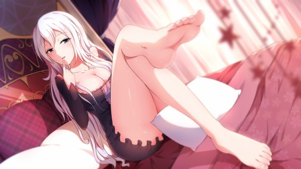 Anime picture 1440x810 with original xiao ren single long hair looking at viewer blush open mouth blue eyes light erotic wide image cleavage white hair barefoot bare legs legs girl dress pillow bed