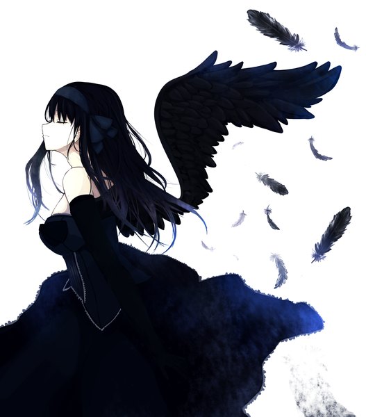 Anime picture 2520x2868 with original akai ringo (eveyuno) single long hair tall image highres black hair simple background standing white background bare shoulders eyes closed profile light smile black wings girl dress gloves wings black gloves