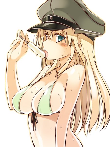 Anime picture 1280x1707 with kantai collection bismarck battleship oota yuuichi single long hair tall image looking at viewer blush breasts open mouth blue eyes light erotic simple background blonde hair white background wet girl swimsuit bikini food