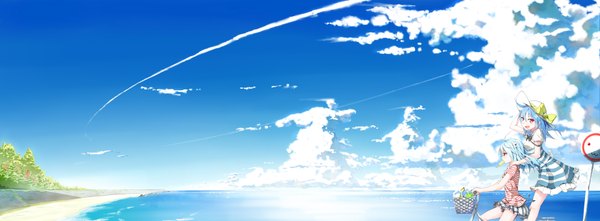 Anime picture 3687x1364 with bilibili douga bili girl 33 bili girl 22 cu (fsy84738368) long hair highres red eyes wide image multiple girls blue hair absurdres sky cloud (clouds) striped scenic panorama girl 2 girls hat water