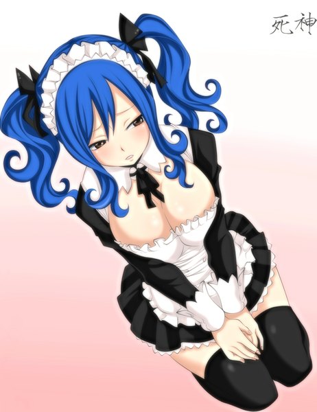Anime picture 1534x1992 with fairy tail juvia lockser sophie4391 single long hair tall image breasts light erotic large breasts white background twintails brown eyes blue hair maid kneeling gradient background coloring pink background girl thighhighs