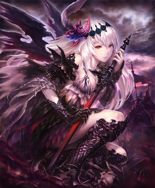 Anime picture 848x1024 with shingeki no bahamut shadowverse dark jeanne hisakata souji long hair tall image looking at viewer fringe light erotic smile hair between eyes red eyes bare shoulders holding cloud (clouds) bent knee (knees) white hair horn (horns) official art solo focus