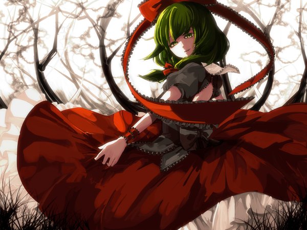 Anime picture 1600x1200 with touhou kagiyama hina memai green eyes green hair girl dress bow plant (plants) hair bow tree (trees)