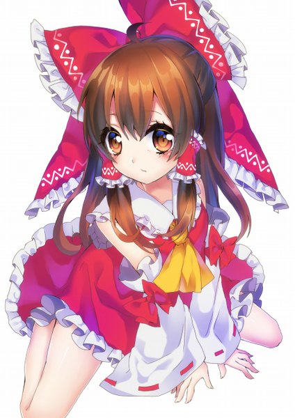 Anime picture 904x1280 with touhou hakurei reimu kyouda suzuka single long hair tall image looking at viewer blush simple background brown hair white background sitting brown eyes from above girl bow hair bow detached sleeves