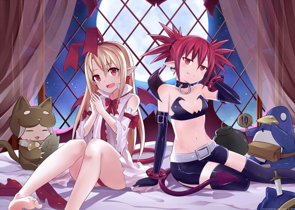 Anime picture 1876x1340 with disgaea etna (disgaea) flonne flonne (fallen angel) mmrailgun long hair highres short hair open mouth light erotic blonde hair red eyes bare shoulders multiple girls red hair tail pointy ears legs girl thighhighs