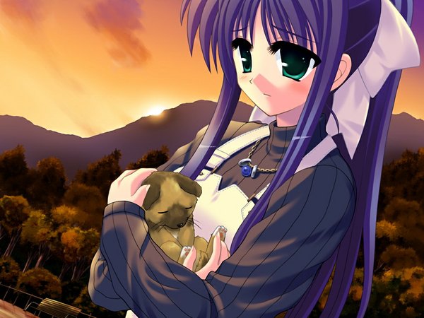 Anime picture 1024x768 with sakura machizaka stories (game) long hair game cg purple hair green hair girl dog