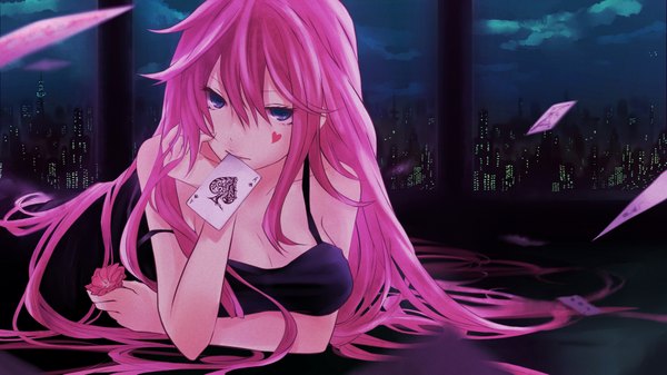 Anime picture 1949x1097 with vocaloid megurine luka dlei single long hair looking at viewer highres blue eyes wide image bare shoulders pink hair cleavage night tattoo city girl dress flower (flowers) window card (cards)