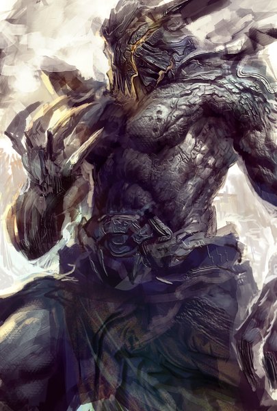 Anime picture 1181x1748 with original danciao tall image horn (horns) monster boy boy belt mask monster claws creature
