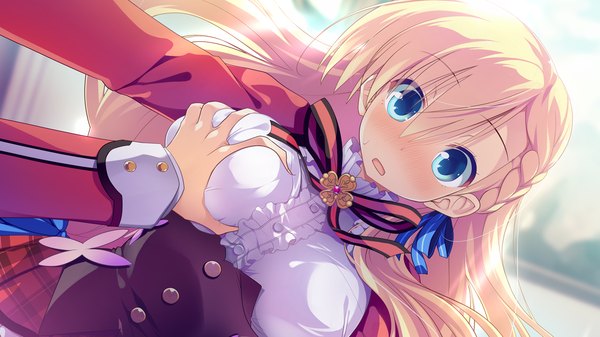 Anime picture 1280x720 with kimi to boku to no kishi no hibi: rakuen no chevalier saionji kei long hair looking at viewer blush breasts blue eyes light erotic blonde hair wide image game cg breast grab girl uniform ribbon (ribbons) hair ribbon school uniform