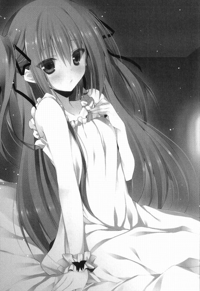 Anime picture 1101x1600 with seirei tsukai no blade dance claire rouge sakura hanpen single long hair tall image looking at viewer blush fringe hair between eyes sitting twintails payot cleavage scan official art embarrassed sleeveless monochrome novel illustration
