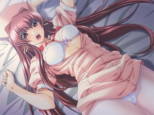 Anime picture 1024x768 with kazama mana (game) light erotic brown eyes game cg red hair girl underwear panties
