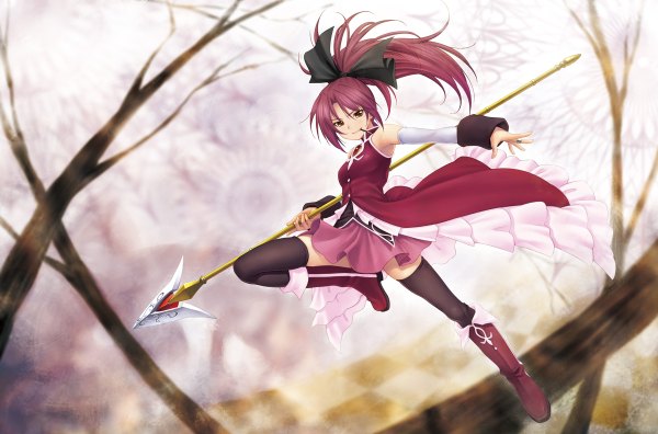 Anime picture 1200x792 with mahou shoujo madoka magica shaft (studio) sakura kyouko kazuma muramasa single long hair looking at viewer brown eyes ponytail red hair girl thighhighs weapon black thighhighs plant (plants) detached sleeves tree (trees) boots sweets pocky
