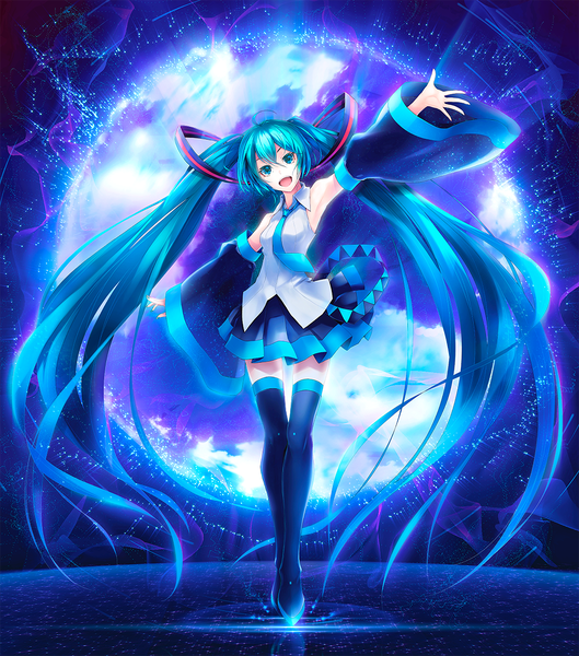 Anime picture 1058x1200 with vocaloid blue star (vocaloid) hatsune miku ajigo single tall image looking at viewer fringe open mouth smile hair between eyes standing twintails bare shoulders payot full body ahoge long sleeves very long hair nail polish