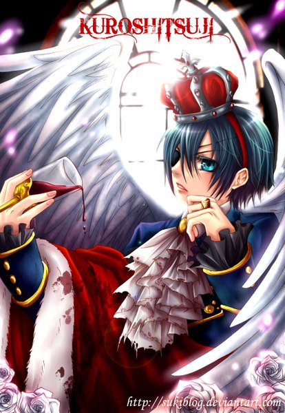 Anime picture 1000x1448 with kuroshitsuji a-1 pictures ciel phantomhive sukiblog single tall image looking at viewer short hair blue eyes blue hair boy flower (flowers) wings blood ring eyepatch suit cup wine glass prince