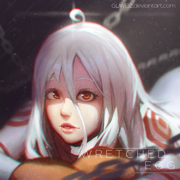 Anime picture 900x900 with deadman wonderland shiro (deadman wonderland) guweiz single long hair looking at viewer fringe red eyes ahoge white hair lying parted lips lips realistic anaglyph albino girl gloves bodysuit