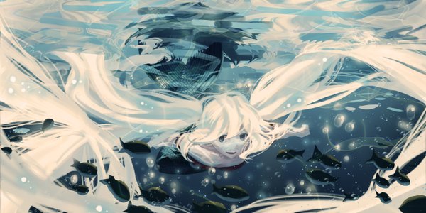 Anime picture 3000x1500 with original rose (pixiv 5163042) looking at viewer highres open mouth blue eyes smile wide image twintails bare shoulders white hair tail very long hair pale skin underwater girl water bubble (bubbles) fish (fishes) mermaid