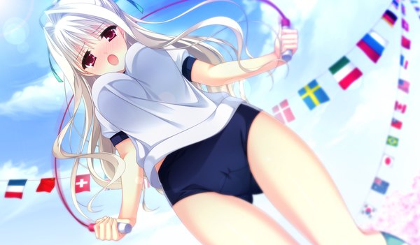 Anime picture 1024x600 with da capo iii yoshino charles single long hair blush open mouth light erotic wide image game cg sky cloud (clouds) white hair pink eyes blurry depth of field jumping girl uniform gym uniform flag