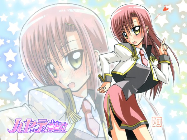 Anime picture 1600x1200 with hayate no gotoku! galaxy angel galaxy angel rune madhouse katsura hinagiku apricot sakuraba blush highres yellow eyes pink hair wallpaper zoom layer ga rune pose vegetables broccoli apricot sakuraba (cosplay)